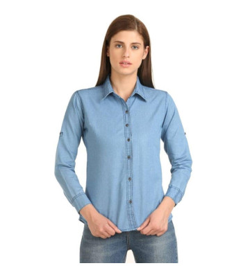 Womens Denim Solid Casual Collared Neck Shirt Fabric Denim